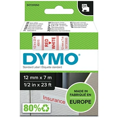 Abbildung von DYMO Original D1 Etikettenband, rot auf weiß, 12 mm x 7 m, selbstklebendes Schriftband, für LabelManager Beschriftungsgerät