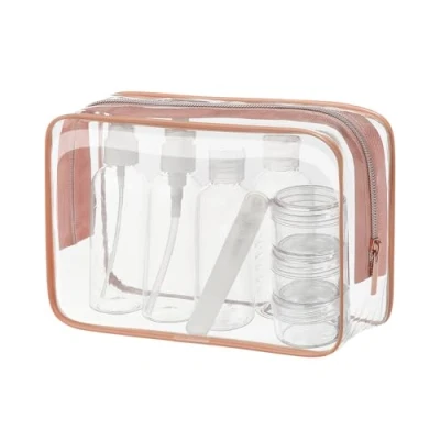 Abbildung von MOCOCITO Kulturbeutel durchsichtig und 8 Stück Reiseflasche Set (max.100ml) Kulturtasche für Flüssigkeiten Handgepäck Kosmetiktasche Reiseflaschen(Rotgold)