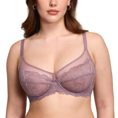Abbildung von DOBREVA Damen Spitzen Minimizer BH mit Bügel Große Brüste Sexy Vollschalen Ungefüttert Rose Brown 95C