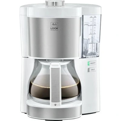 Abbildung von Melitta Look Perfection Filterkaffeemaschine mit Glaskanne Tropfstopp 10 Tassen Weiß/Edelstahl (1025 05)