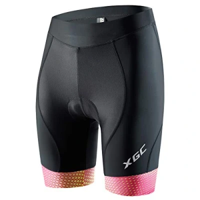 Abbildung von XGC Damen Kurze Radlerhose und Radunterhose Radsportshorts Fahrradhose für Frauen elastische 3D Schwamm Sitzpolster mit Einer hohen Dichte (Pink_Yellow, M)