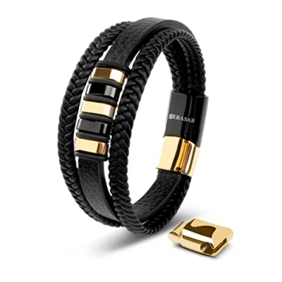 Abbildung von SERASAR Armband Jungen 17cm Schwarz Gold Männer Leder Armreif Herrenarmreif Armschmuck Schmuck Herrenschmuck Armkette Flecht Wickelarmband Armbändchen Men Leather Bracelet