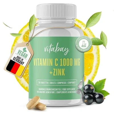 Abbildung von Vitabay Vitamin C Zink Tabletten 200 Vegane 1000mg hochdosiert C+ Kapseln und
