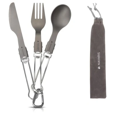 Abbildung von Navaris Titan Camping Besteck 3tlg. Outdoor Messer Gabel Löffel inkl. Tasche Ultraleichte 3in1 Essbesteck Kombi Reisebesteck Set faltbar