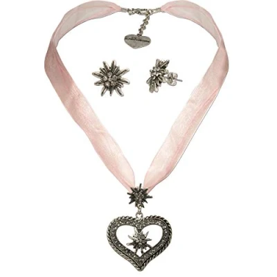 Abbildung von Alpenflüstern Trachtenschmuck Set Kordel Trachtenkette Strassedelweissherz und Trachten Ohrstecker Strass Edelweiss Damen Schmuck, Trachtenset Kette Ohrringe rosa rosé SET043