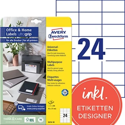 Abbildung von AVERY Zweckform 3474 10 Adressaufkleber (240 Klebeetiketten, 70x37 mm auf A4, bedruckbare Absenderetiketten, selbstklebende Adressetiketten mit ultragrip, ideal fürs HomeOffice) Blatt, weiß