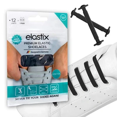 Abbildung von Elastix Sneaker Elastische Schnürsenkel aus Gummi ohne binden für Erwachsene Schleifenlose Silikon Schuhbänder in Flach den Freizeit und Sportbereich Schwarz