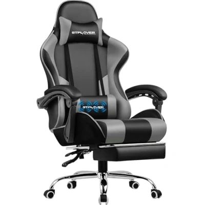 Abbildung von GTPLAYER Bürostuhl Gaming Stuhl Massage Sessel Ergonomischer Gamer mit Fußstütze, Kopfstütze Lendenkissen, Gepolstert Chair, Drehsessel Grau