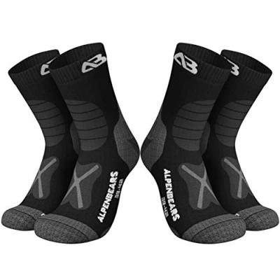 Abbildung von Alpen Bears Premium Wandersocken aus Merinowolle [2 Paar] Professionelle Trekkingsocken für Damen, Herren &amp; Kinder, Grau/Schwarz, 43 48