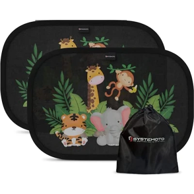 Abbildung von Systemoto Sonnenschutz Auto Baby Extra dunkel Zertifizierter UV Schutz 2er Set Autofenster für Kinder (Wildlife)