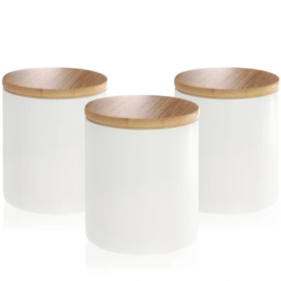 Abbildung von com four® 3x Vorratsdose aus Keramik Aufbewahrungsbox mit Bambus Deckel vielseitig verwendbare Kaffeedose kleine Keramikbehälter für Lebensmittel (weiß 08x09cm 3 Stück)