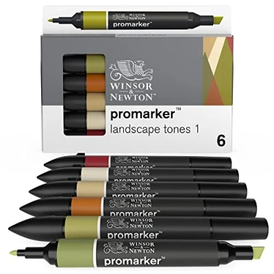 Abbildung von Winsor &amp; Newton 0290117 ProMarker, Professioneller Layoutmarker 2 Spitzen, fein und breit für Zeichnungen, Design Layouts 6 Farben Set Landschaften