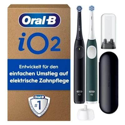 Abbildung von Oral B iO Series 2 Elektrische Zahnbürste, Electric Toothbrush, DUO Pack, 2. Handstück, 3 Putzmodi für Zahnpflege, Reise Etui, Aufsteckbürsten Designed by Braun, Night Black, Forest Green
