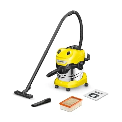 Abbildung von Kärcher WD 4 S V 20/5/22 Nass &amp; Trockensauger, 20 l Edelstahlbehälter, 1000 W, 5 m Kabel, 2,2 Saugschlauch, Clips Bodendüse, „Pull Push“ Verschlusssystem, Gelb