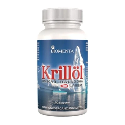 Abbildung von BIOMENTA Krillöl 90 Antarktis SUPERBA™ Kapseln hochdosiert mit Omega 3 + EPA DHA Phospholipiden Astaxanthin Premiumqualität