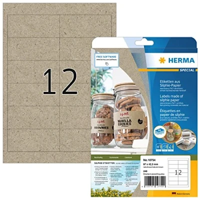 Abbildung von HERMA 10754 Universal Etiketten aus Graspapier, 20 Blatt, 97 x 42,3 mm, 12 pro A4 Bogen, 240 Stück, selbstklebend, bedruckbar, matt, blanko Silphie Papier Klebeetiketten Aufkleber, natur braun