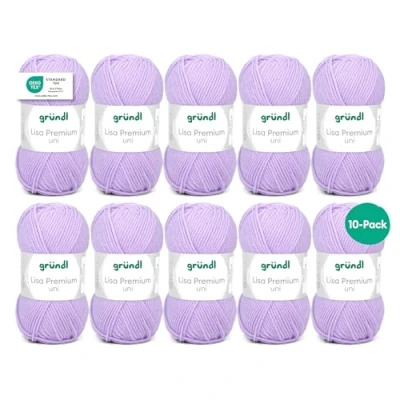 Abbildung von Gründl Lisa Premium Uni Strick &amp; Häkelgarn (weicher und wollartiger Charakter, pflegeleichtes waschbares Strickgarn aus 100% Polyacryl, 50g/133m, Nadelstärke: 3,5 4,5, 10 Knäuel á 50g), Flieder