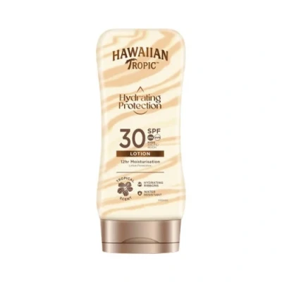 Abbildung von Hawaiian Tropic Hydrating Protection Sonnenschutz mit LSF 30, UVA und UVB Schutz, 180 ml, 12 Stunden Feuchtigkeitsversorgung Kakao Sheabutter, wasserfest, vegan