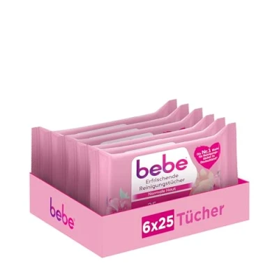 Abbildung von bebe Erfrischende Reinigungstücher (6 x 25 Stk.), gründlich reinigende Abschminktücher entfernen bis zu 99% wasserfestes Make up, mit Rosenwasser natürlichen Ursprungs, milde Gesichtsreinigungstücher
