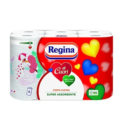 Abbildung von Regina di Cuori 6 Rollen Küchenpapier, 50 Blatt, super saugfähig, 2 lagig, Packung zu 50% aus recyceltem Kunststoff, Papier 100% FSC® zertifiziert
