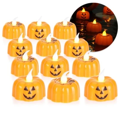 Abbildung von com four® 12x LED Teelichter Halloween flackernde in Kürbisform batteriebetriebene Kerzen Stimmungsbeleuchtung für Kürbisse (Set orange Kürbislichter 12 Stück)