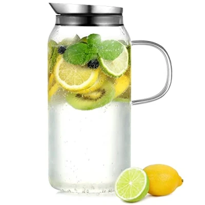 Abbildung von ecooe Glaskaraffe 1.5 Liter Wasserkaraffe Karaffe Glas mit Edelstahl Deckel, Glaskrug aus Borosilikatglas Wasserkrug Glaskanne für Heißes/Kaltes Wasser, DIY Getränke, Saft, Milch,Tee, Kaffee