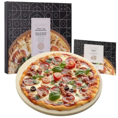 Abbildung von GOURMEO Pizzastein Cordierit rund Durchmesser 35cm für Backofen Grill Gasgrill Pizza Stein Steinplatte Resistent gegen hohe Temperaturen