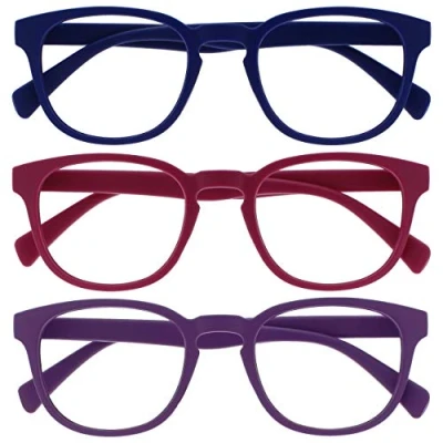 Abbildung von OPULIZE Pop Lesebrille 3er Pack Keck Rund Matt Rahmen Federscharniere Kratzfest Blau Rosa Lila Herren Damen RRR2 345 +2.50