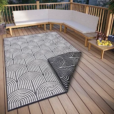 Abbildung von Hanse Home Pangli Outdoor Teppich Wetterfest Wendeteppich Skandinavischer Boho Style Wasserfest Einfarbig Geometrisch 3D Effekt für Garten, Balkon, Terrasse, Wohnzimmer Schwarz, 80x150cm