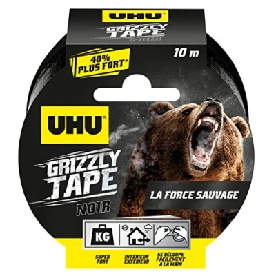Abbildung von UHU Grizzly Tape Gewebeklebeband, wasserdicht, zum Reparieren, Konsolidieren, Abdichten, Verbinden, Ultra stark und langlebig, Schwarz, 10 m x 50 mm