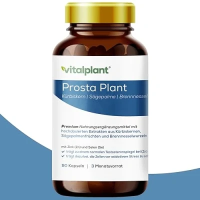 Abbildung von Vitalplant® Prosta Plant Kapseln im Braunglas einzigartige Zusammensetzung aus Kürbiskernextrakt, Sägepalmenextrakt, Brennnesselwurzel