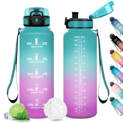 Abbildung von Trinkflasche 1.5L, Sport Wasserflasche mit Filter, Motivierende Zeitmarkierung, Auslaufsicher, für Fitness, Camping, Fahhrad, Outdoor, Erwachsene
