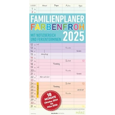 Abbildung von Alpha Edition Familienplaner Farbenfroh 2025 Familientimer, 22x45cm, Familienkalender mit 4 Spalten für Termine, viel Platz Notizmöglichkeiten, Ferientermine DE/AT/CH, deutsches Kalendarium