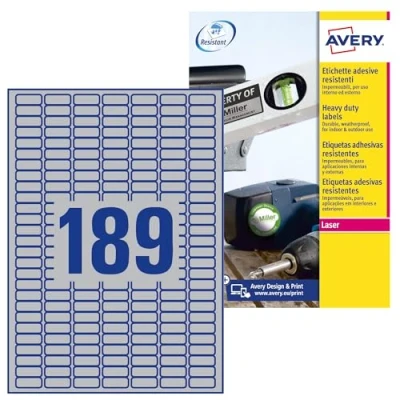 Abbildung von AVERY Selbstklebende Haftetiketten aus Metall anpassbar und bedruckbar Größe 25,4 x 10 mm Laserdruck L6008 20,silber / schwarz