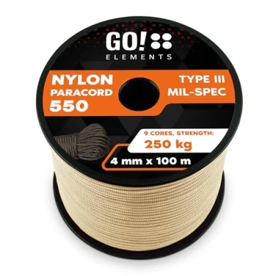 Abbildung von GO!elements 100m Paracord Seil aus reißfester Nylonschnur 4mm 550 Typ III Schnur Allzweckseil &amp; Reepschnur Max. 250kg, Farbe:Sand
