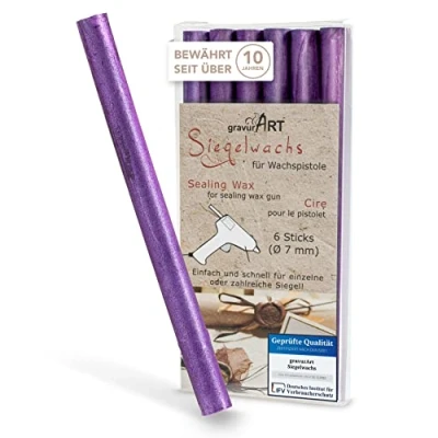Abbildung von gravurART Siegelwachs flexibel für Wachspistole Stilvoll Briefe versiegeln mit dem 6er Pack Wachs Siegelstempel in Lila perlmutt 7 mm
