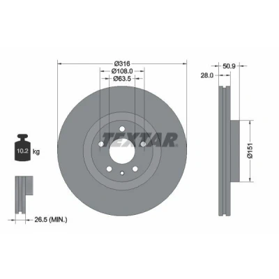 Abbildung von TEXTAR 92309603 Bremsscheibe 316 28 05/06 108 innenbelüftet beschichtet ohne Radbefestigungsbolzen, Radnabe FORD: Mondeo 5 Kombi
