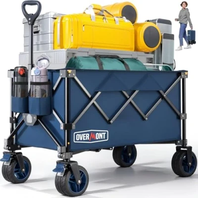 Abbildung von Overmont Faltbar Bollerwagen Klappbar Handwagen mit Geländegängige Breite Räder bis 150 kg Tragkraft für Camping Sport Einkaufen Garten Blau