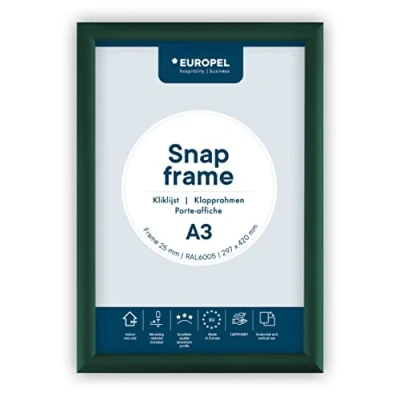 Abbildung von Europel leichter Klapprahmen DIN A4, Farbe Grün, Easy Click System, Profil 25x11 mm, eloxiertes Aluminium und blendfreie Schutzfolie, Außenmaß 241x328 grau Polystyrol Rückseite