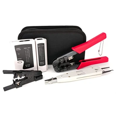 Abbildung von BIGtec Crimpzange RJ45 Kabeltester Leitungs Tester RJ 45 RJ11 RJ12 LSA Anlegewerkzeug Auflegewerkzeug Abisolierzange LAN Kabel Patchkabel Verlegekabel Netzwerk Werkzeug Set mit Tasche