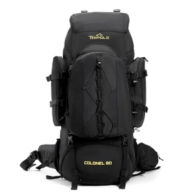 Abbildung von Tripole Rucksack Colonel 95 Liter mit abnehmbarem Wandern, Trekking, Reisen, Camping, Wasserdicht, atmungsaktivem Rückenpaneel, Schwarz