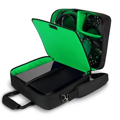 Abbildung von USA Gear Tragetasche für Gaming Konsolen Schutz Konsolentasche mit Schultergurt und Unterteilbaren Fächer Zubehör Games Kompatibel Xbox One X, S Weiteren Grün