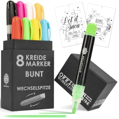 Abbildung von OfficeTree 8x Kreidemarker Bunt 1mm bis 6mm wechselbare Spitzen Fenstermalstifte abwaschbar Kreidestifte für Tafel Kreide Fenster Stifte Kreidestift Fensterstifte