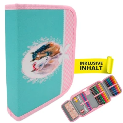 Abbildung von itenga Schüler Etui 28 teilig gefüllt 1 Zipper Federmäppchen für Jungen und Mädchen (Pferd)