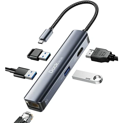 Abbildung von USB C Hub Dockteck 5 in 1 Dock, Adapter mit Ethernet LAN RJ45, 4K HDMI, 3 3.0 für MacBook Pro/Air M1, iPad 5, Surface Pro