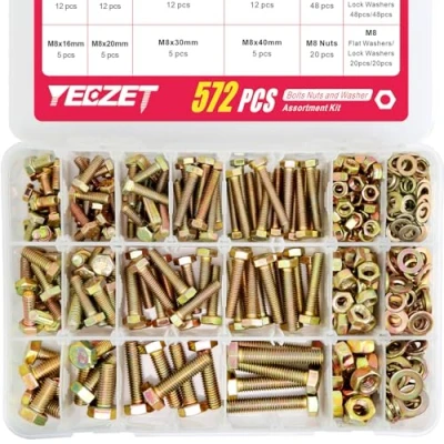 Abbildung von YEEZET 572pcs Schrauben und Muttern Kit, M5 M6 M8 Sechskantschrauben Unterlegscheibe Set, 13 Größen, Gelbe Verzinkung, Klasse 8,8