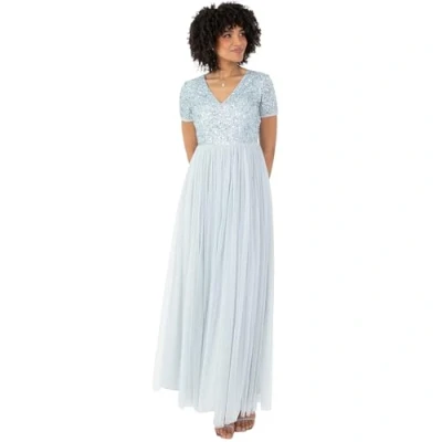 Abbildung von Maya Deluxe Damen Ballkleid Abendkleid V Ausschnitt Maxi Länge Pailletten Kurze Ärmel für Hochzeit Geburtstag Brautjungfer Brautjungfernkleid, Eisblau, 40