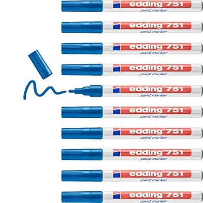 Abbildung von edding 751 Lackmarker blau 10 Stifte Rundspitze 1 2 mm Lackstift zur Markierung und Beschriftung von Metall, Glas, Stein oder Kunststoff hitzebeständig, permanent, wischfest