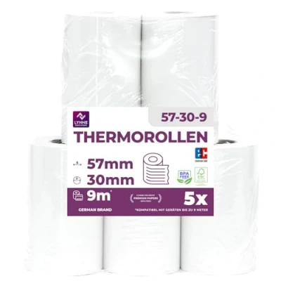 Abbildung von Ec Cash Thermorollen 57mm x 9m 12mm Kassenrollen Thermopapier Bonrollen für Bankomat Kredit Kartenlesegeräte (57x30x12) mit SEPA Lastschrifttext (5 Rollen)