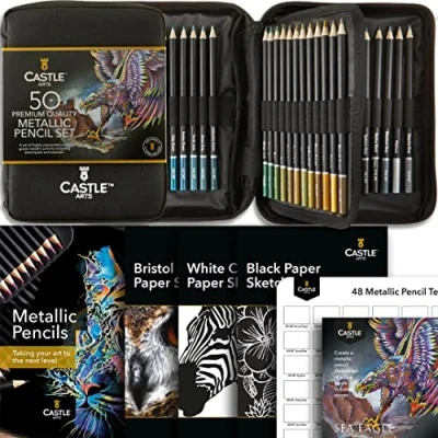 Abbildung von Castle Art Supplies 48 teiliges Metallic Buntstifte Set mit Extras Wachskerne in schimmernde Farbtöne für erfahrene Künstler, Profi und Farbkünstler Robustes Reißverschlussetui